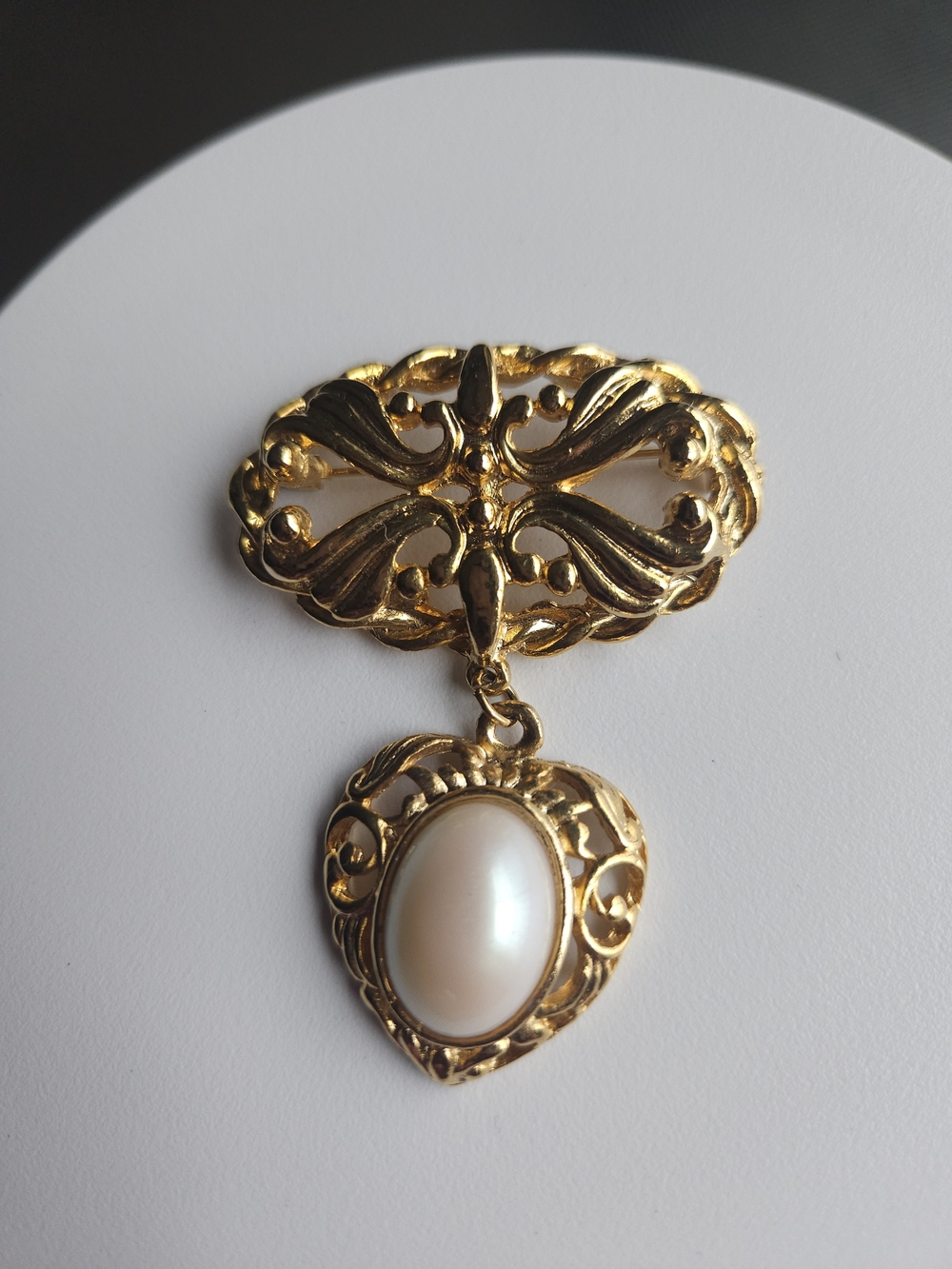Gold-Tone Filigree Drop Brooch with Pearl Cabochon
